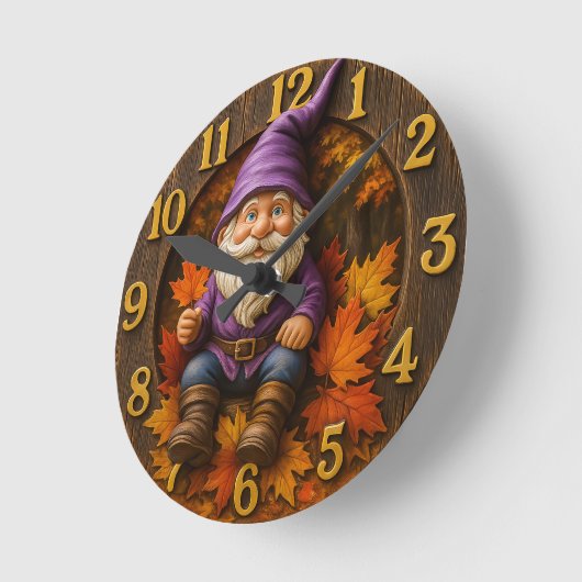 Horloge Ronde Autumn gnome with maple leaves rustic (Angle)