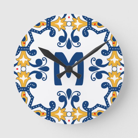 Horloge Ronde Avec 💛 initial 💙 bleu et jaune Azulejos (Recto)