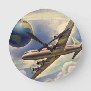 Horloge Ronde Avion vintage volant autour du monde dans les nuag