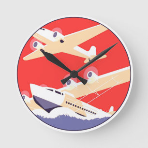 Horloge Ronde Avion volant Vintage WPA coloré