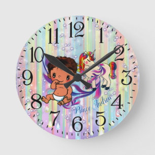 Horloge Ronde Baby Boy Bubbles & licornes