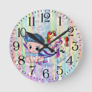 Horloge Ronde Baby Boy Bubbles & licornes
