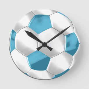Horloge Ronde Balle de football bleu et blanc turquoise