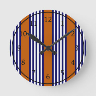 Horloge Ronde Bandes bleu marine et blanc avec orange brûlé