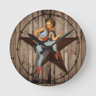 Horloge Ronde Barre Wood Texas Star pays occidental Cowgirl