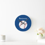 Horloge Ronde Baseball avec nom personnalisé - Royal Blue (Maison)