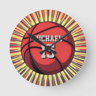 Horloge Ronde Basket-ball Votre nom Pop Art