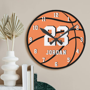 Horloge Ronde Basketball Balle Orange Nom Personnalisé & Numéro