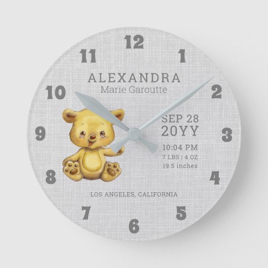 Horloge Ronde Bear Baby Birth Stats Nursery (Recto)