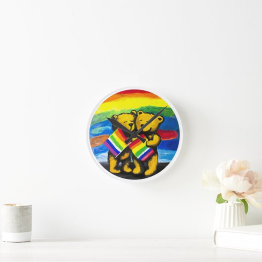 Horloge Ronde Bears Love Couple LGBT Arc-en-ciel (Maison)