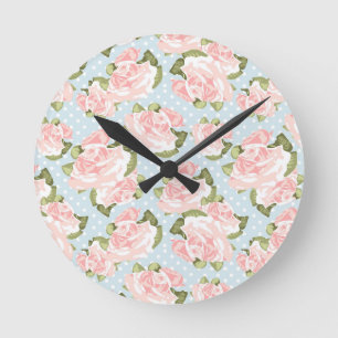 Horloge Ronde Beau motif de rose avec le pois bleu