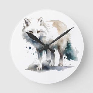Horloge Ronde Beau renard polaire en aquarelle blanche et bleue