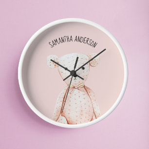 Horloge Ronde Beauté Moderne Pastel Pink Teddy Ours Avec Nom