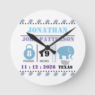 Horloge Ronde Bébé bleu mignon Eléphant Faire-part de naissance