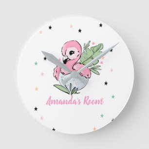 Horloge Ronde Bébé flamant rose chic, étoiles, princesse