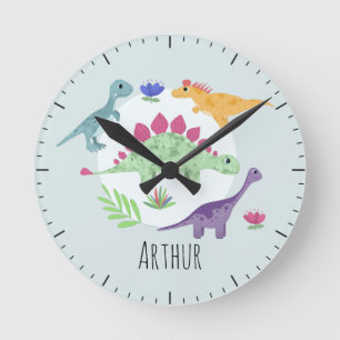Horloge Ronde Bébé Garçons Bleu Cute Dinosaur Enfants Nursery