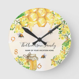 Horloge Ronde Bees honey yellow florals family monogram