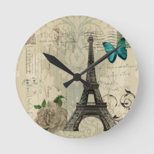 Horloge Ronde beige Damas papillon rose Paris Tour Eiffel