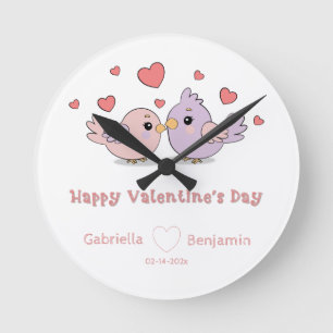 Horloge Ronde Belle Cartoon Lovebirds Coeur rose Saint-Valentin