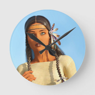 Horloge Ronde Belle femme autochtone d'Amérique du Nord tenue in