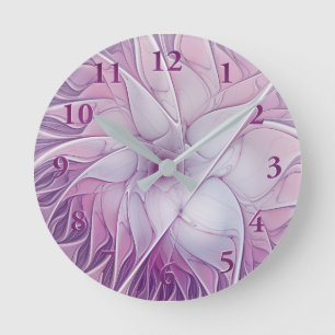 Horloge Ronde Belle Fleur rose moderne Fractal Art Abstrait