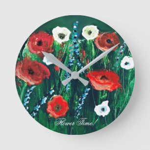 Horloge Ronde Belle peinture acrylique Fleur sauvage en temps de