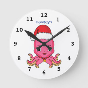Horloge Ronde Belle pieuvre joyeuse en casquette de Noël