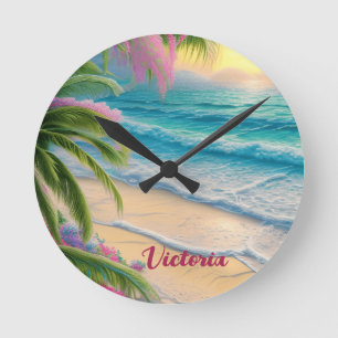 Horloge Ronde Belle Plage Océan Vagues Sable Palmiers
