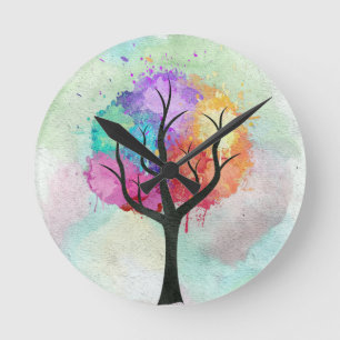 Horloge Ronde Belles couleurs pastel arbre Peinture à l'huile Ab