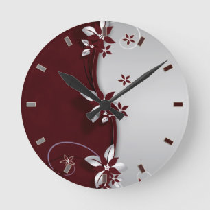 Horloge Ronde Belles fleurs de couleur rouge foncé et gris arge