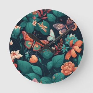 Horloge Ronde Belles fleurs et papillons couleurs pastel ou