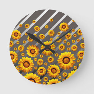 Horloge Ronde Belles fleurs jaunes sur gris, rayures argentées