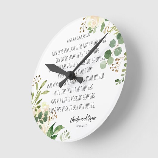 Horloge Ronde Bénédiction irlandaise ancienne et verdure Mariage (Angle)