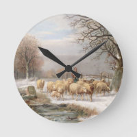 Bergère avec son troupeau dans un paysage hivernal