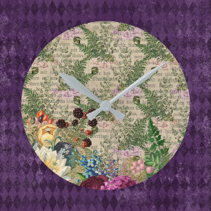 Horloge Ronde Berries pourpres et Roses sur Ephemera de Newsprin