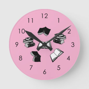 Horloge Ronde Bibliothèque bibliophile rose Motif de livre