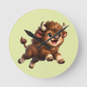 Horloge Ronde Bison Mignon aux Grands Yeux Cartoon de Faune Heur