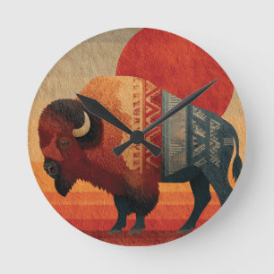 Horloge Ronde Bison stylisé avec des motifs amérindiens