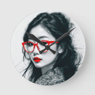 Horloge Ronde Black Blanc Asiatique Portrait Lèvres Rouges Et Ve