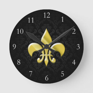 Horloge Ronde Black/Gold Damask Fleur de Lis