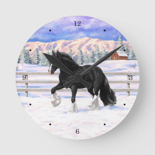 Horloge Ronde Black Gypsy Vanner Irish Cob Draft Horse In Snow