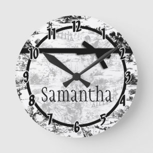Horloge Ronde Black White French Fabric Toile Personalized Clock