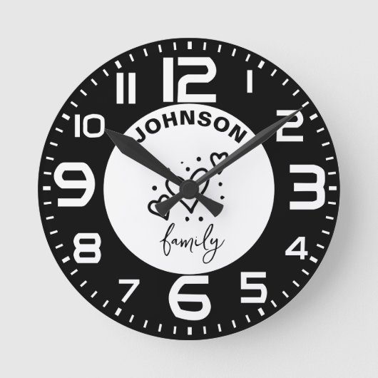 Horloge Ronde Black White Heart Nom de famille (Recto)