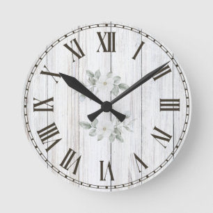 Horloge Ronde Blanc de Ferme Bois Floral de Verdure