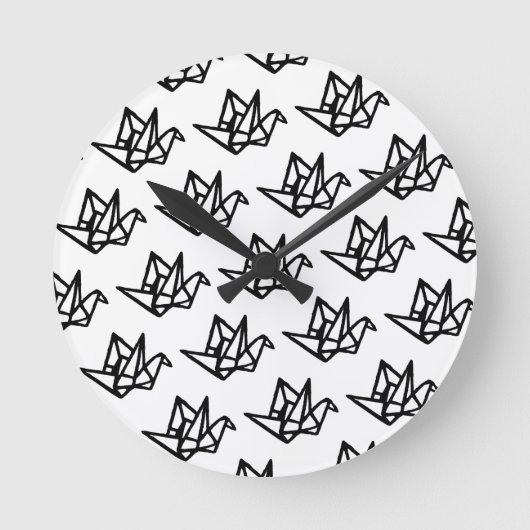 Horloge Ronde Blanc et noir - Origami Papier Grue Linocut (Recto)