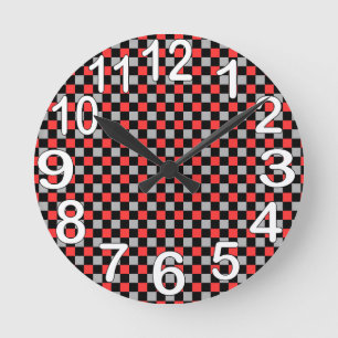 Horloge Ronde Blanc noir et rouge quadrillés