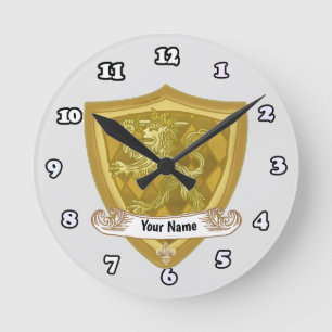 Horloge Ronde Blason de famille Lion Bouclier Nom de famille