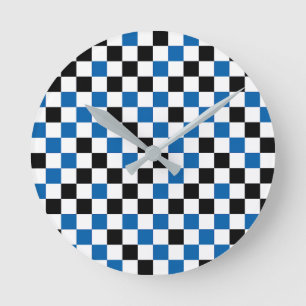Horloge Ronde Bleu à carreaux noir et blanc