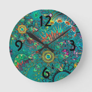 Horloge Ronde Bleu Bohème Bohème Bohème Coloré Hippie Motif Retr