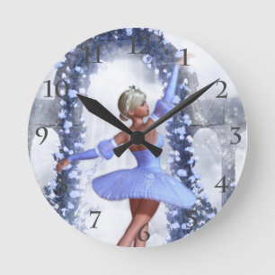 Horloge Ronde Bleu et blanc imaginaire ballerine avec fleurs ros